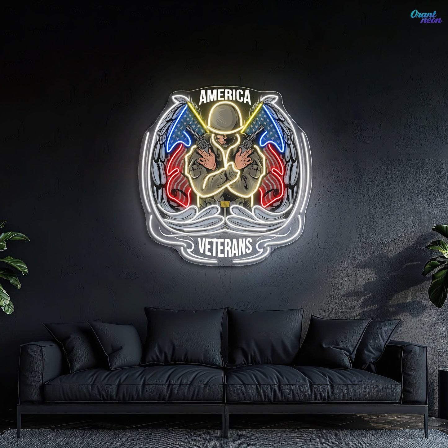 Angel Soldier Holding Guns with American Flags Neon Sign - Patriotic Hero Light | Aida Neon