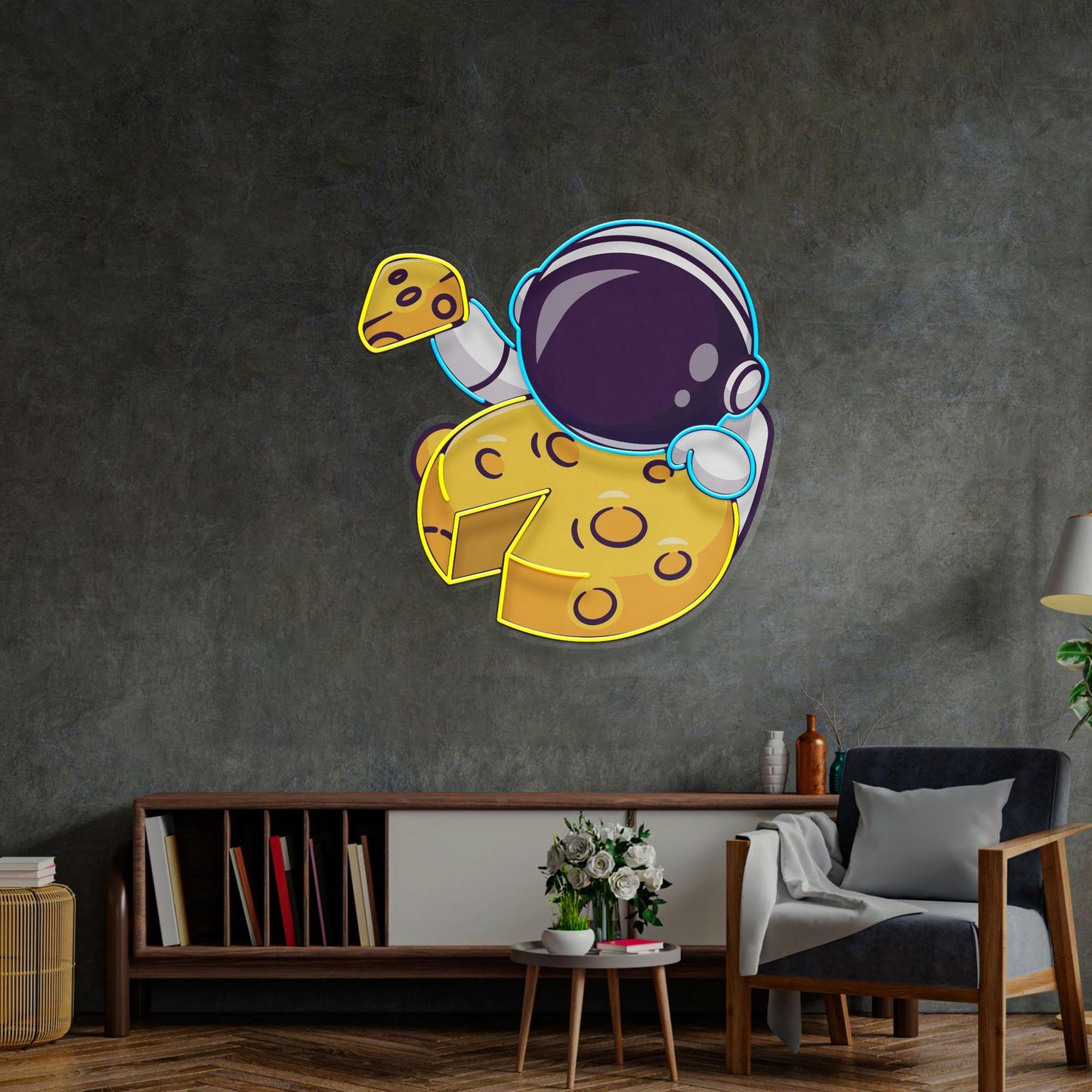 Astronaut Eating Cheese Moon LED Neon Sign - Whimsical Space Snack | Aida Neon