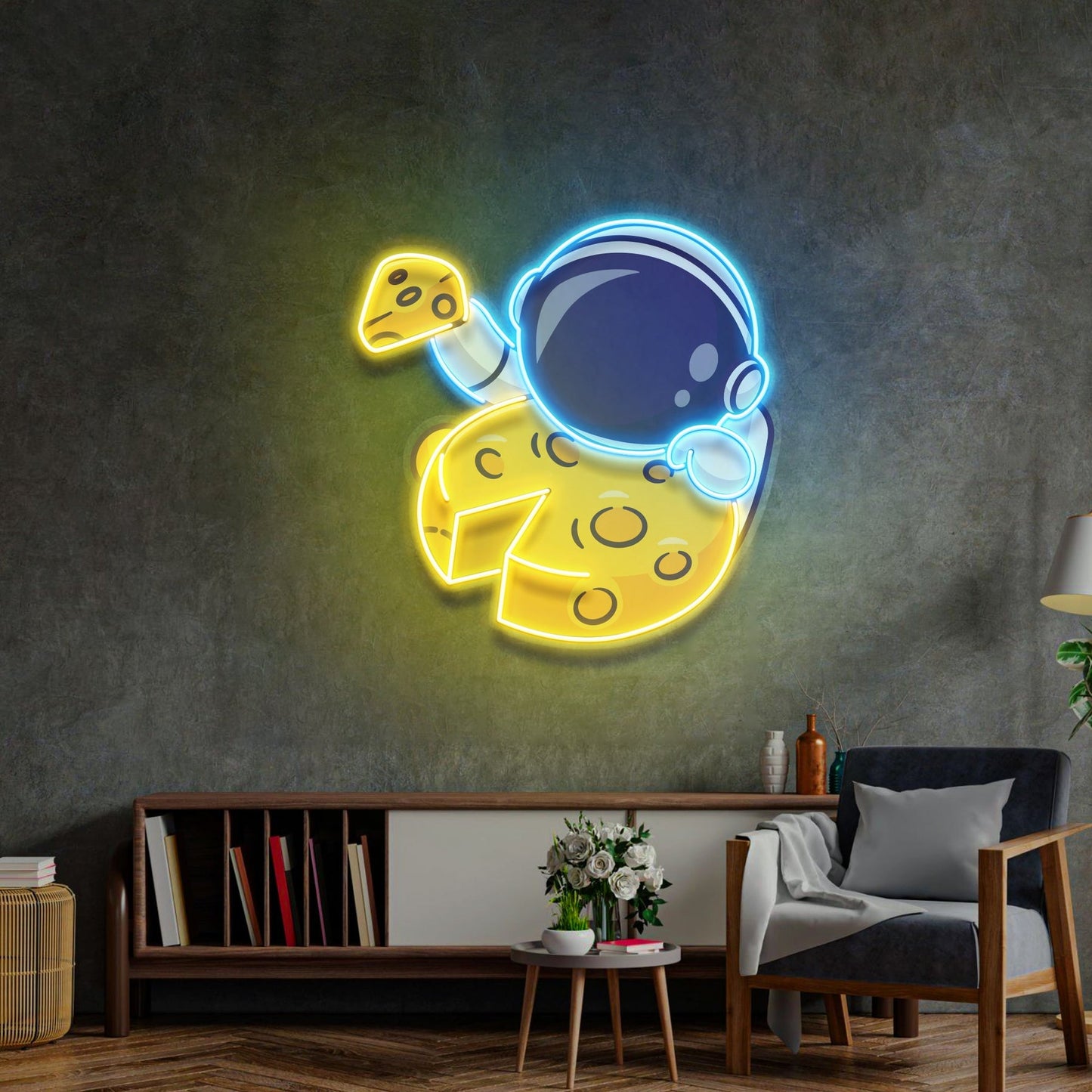 Astronaut Eating Cheese Moon LED Neon Sign - Whimsical Space Snack | Aida Neon