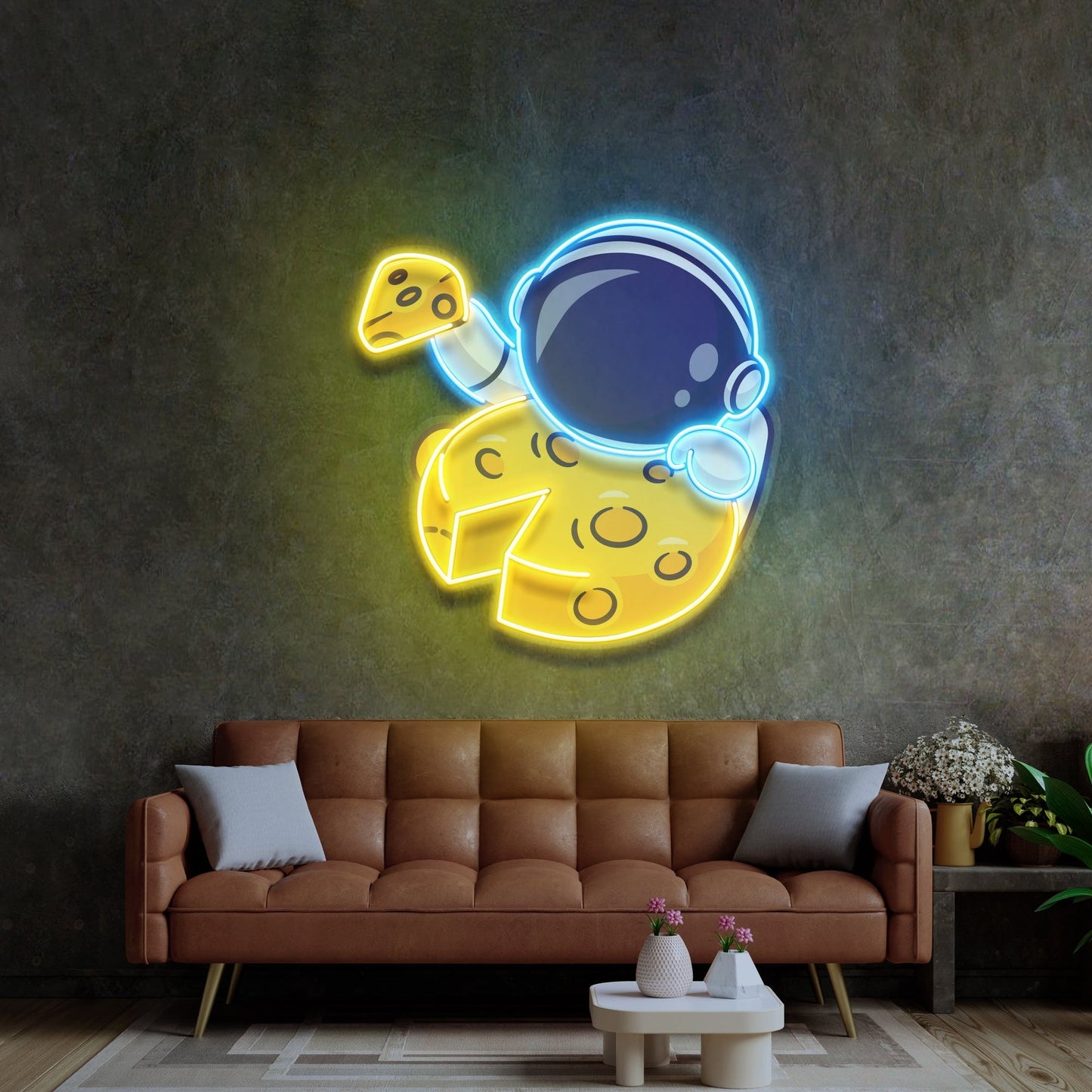 Astronaut Eating Cheese Moon LED Neon Sign - Whimsical Space Snack | Aida Neon