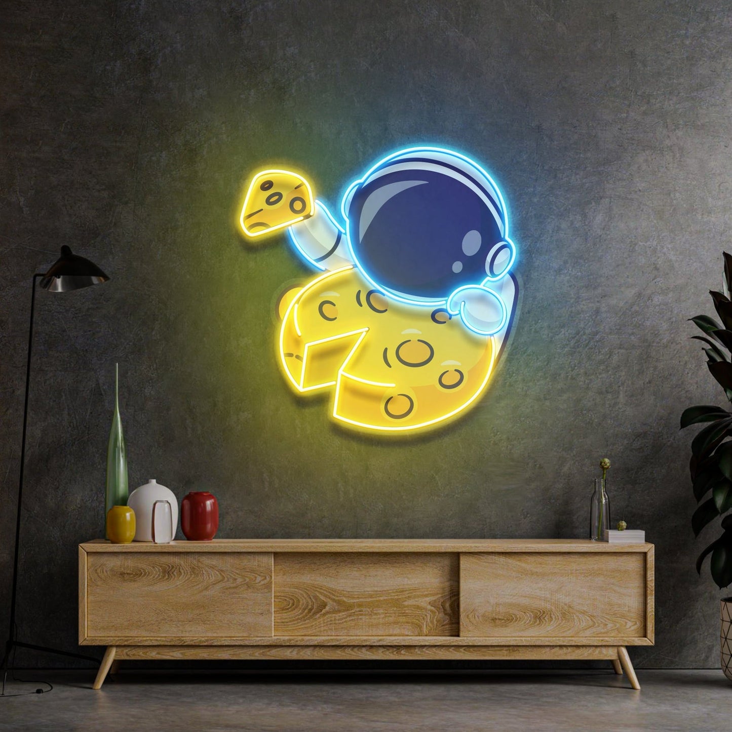 Astronaut Eating Cheese Moon LED Neon Sign - Whimsical Space Snack | Aida Neon