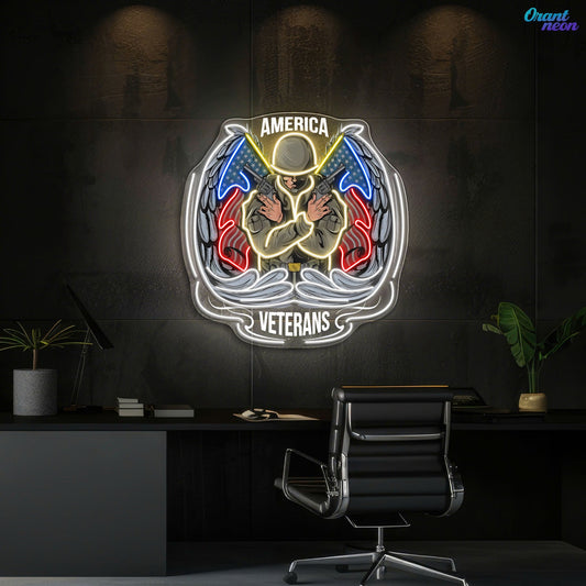 Angel Soldier Holding Guns with American Flags Neon Sign - Patriotic Hero Light | Aida Neon