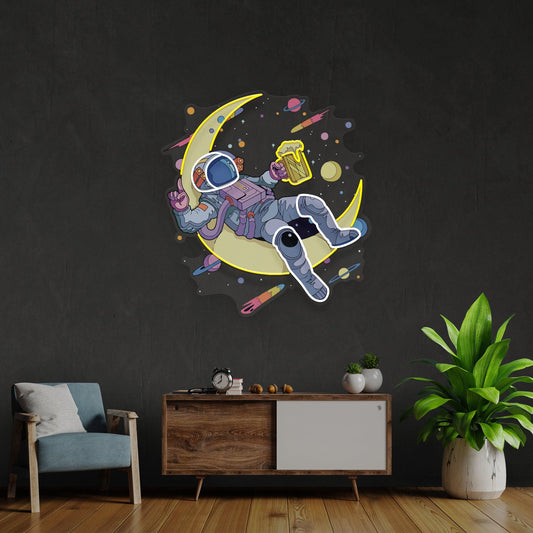 Astronaut With Beer On Moon LED Neon Sign - Relaxing Space Scene Light | Aida Neon