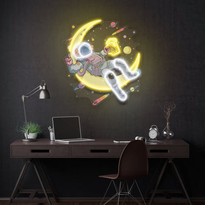 Astronaut With Beer On Moon LED Neon Sign - Relaxing Space Scene Light | Aida Neon