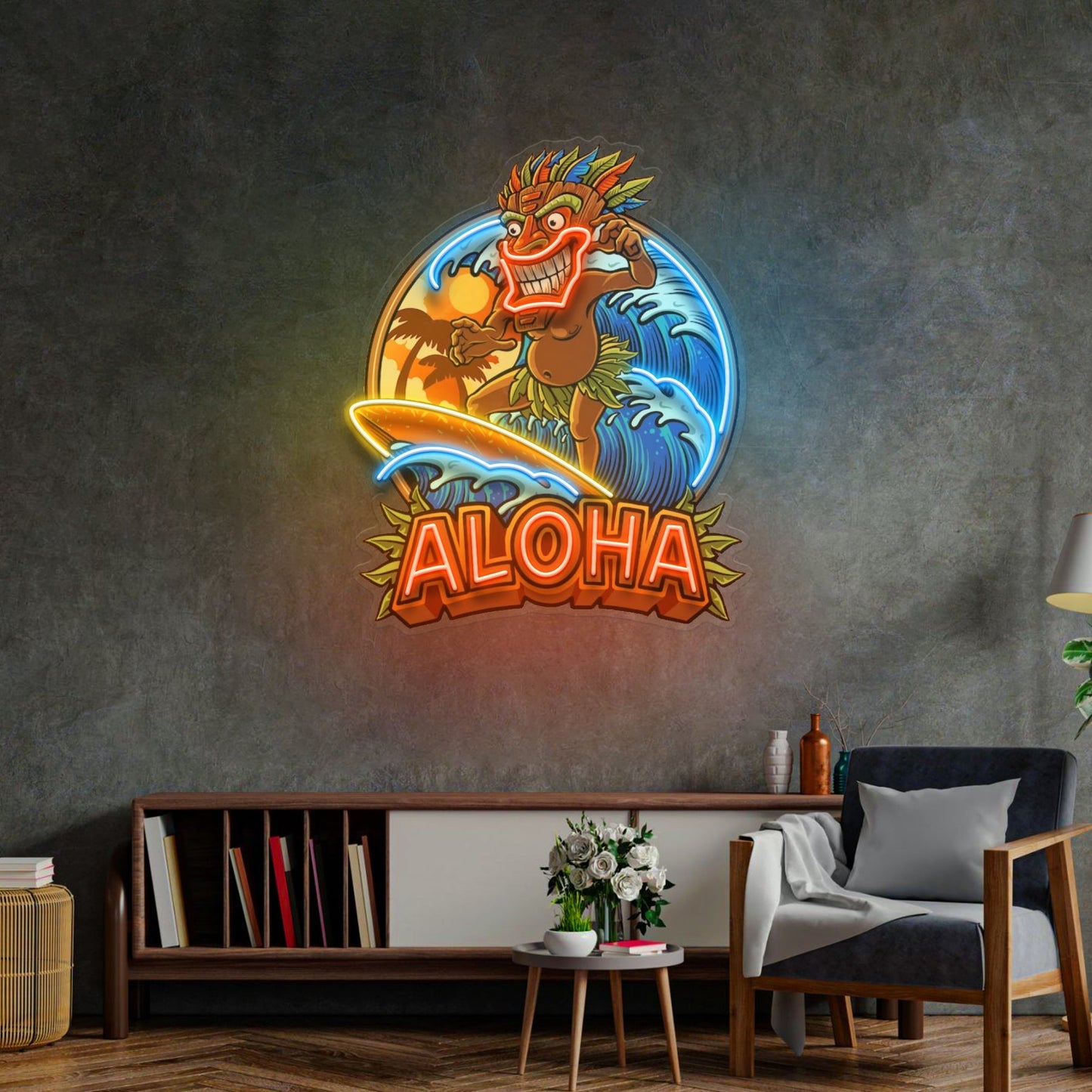 Aloha Tiki Surfing LED Neon Sign - Tropical Pop Art Light | Aida Neon